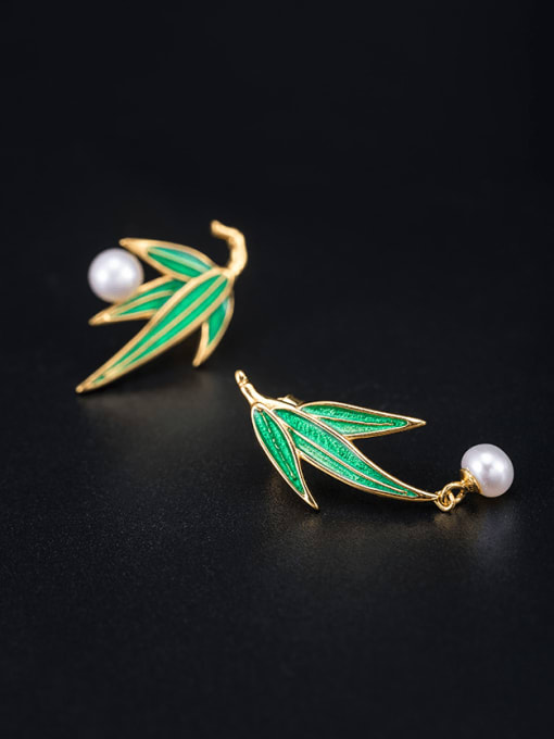 SILVER MI 925 Sterling Silver Imitation Pearl Enamel Vintage Leaf  Earring Ring and Necklace Set 3
