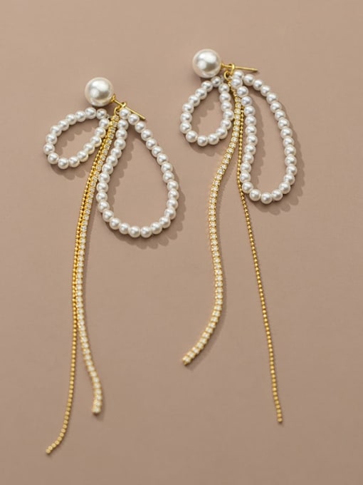 Gold 925 Sterling Silver Imitation Pearl Bowknot Tassel Minimalist Drop Earring