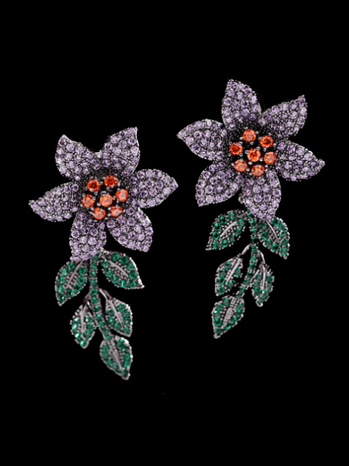 Gun black Brass Cubic Zirconia Flower Statement Cluster Earring