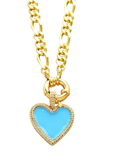 blue Brass Cubic Zirconia Enamel Heart Vintage  Hollow Chain Necklace