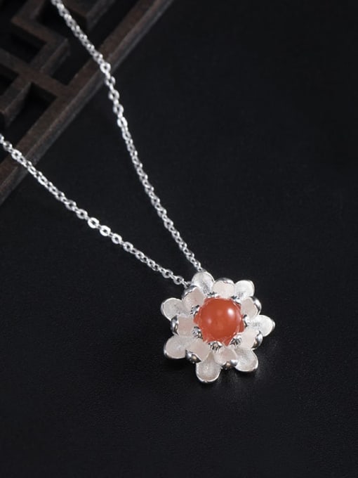 SILVER MI 925 Sterling Silver Carnelian Flower Vintage Necklace 1