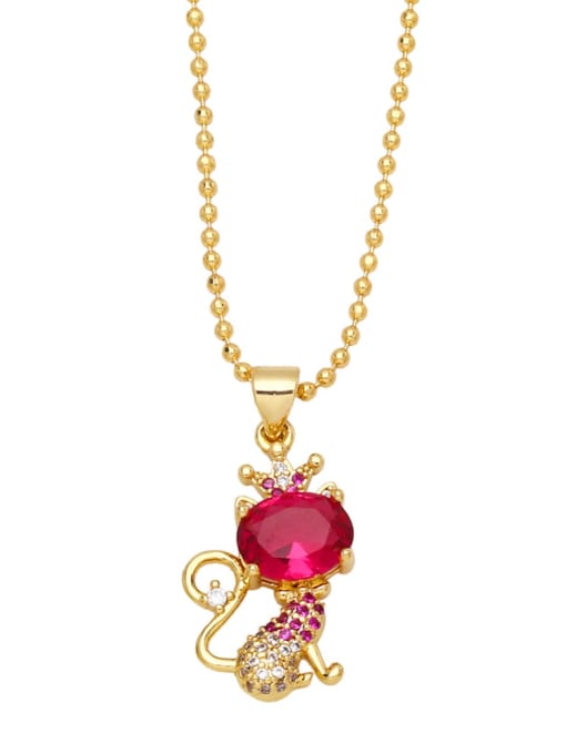 Rose red Brass Cubic Zirconia Crown Vintage Cat Pendant Necklace