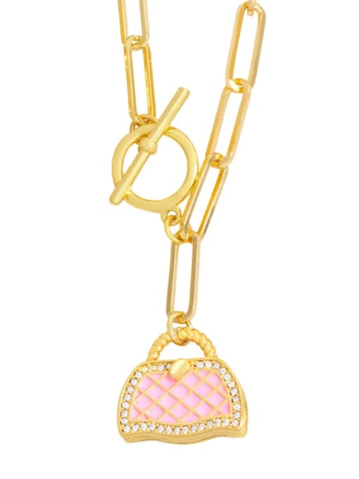 Pink Brass Cubic Zirconia Irregular  Bag Pendat Hip Hop Necklace