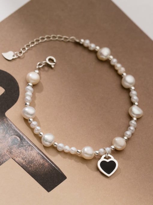 Rosh 925 Sterling Silver Imitation Pearl Heart Minimalist Beaded Bracelet