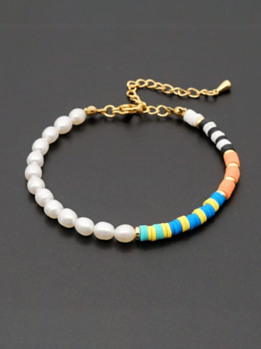 ZZ B200190A Stainless steel Freshwater Pearl Multi Color Polymer Clay Round Bohemia Bracelet