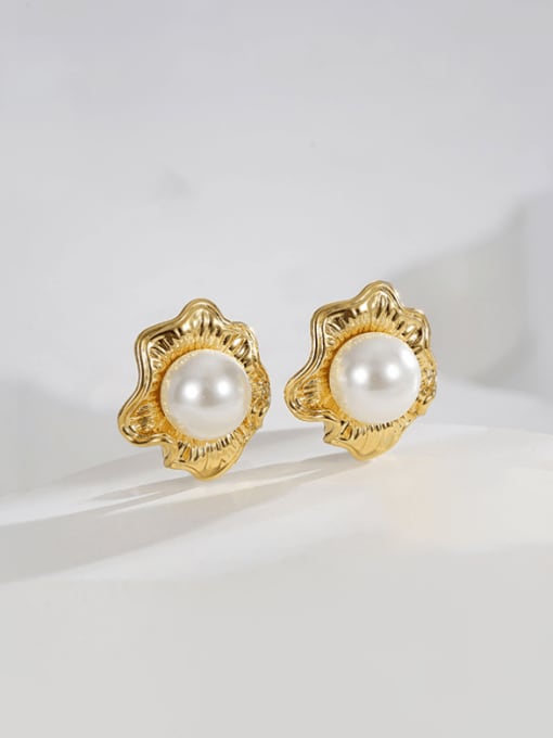 Gold Flower Bead Earrings Brass Imitation Pearl Flower Vintage Stud Earring