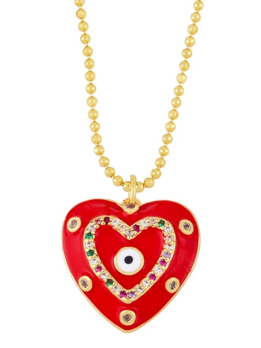 red Brass Enamel Evil Eye Vintage Heart  Pendant Necklace