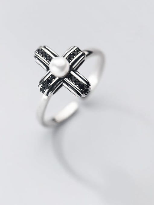 Rosh 925 Sterling Silver Imitation Pearl Cross Vintage Band Ring 0