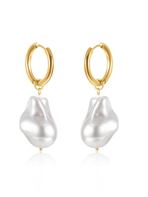 774 gold plated earrings Titanium Steel Imitation Pearl Geometric Minimalist Huggie Earring