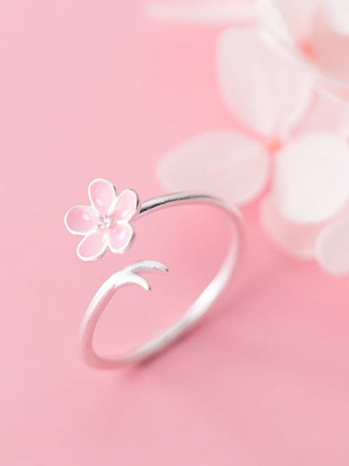 Rosh 925 Sterling Silver  Minimalist Enamel Pink Flower Free Size Ring 1