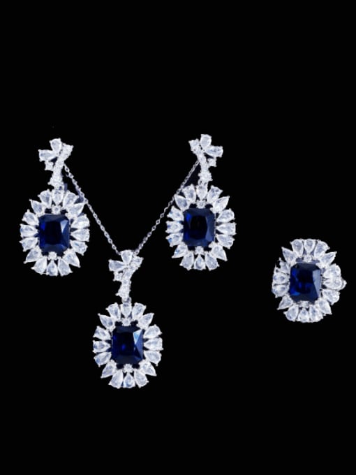 Royal Blue  US  7 Brass Cubic Zirconia  Luxury Geometric Earring Ring and Necklace Set
