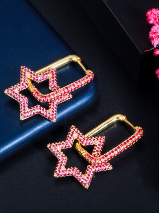 Golden red Brass Cubic Zirconia Geometric Luxury Huggie Earring