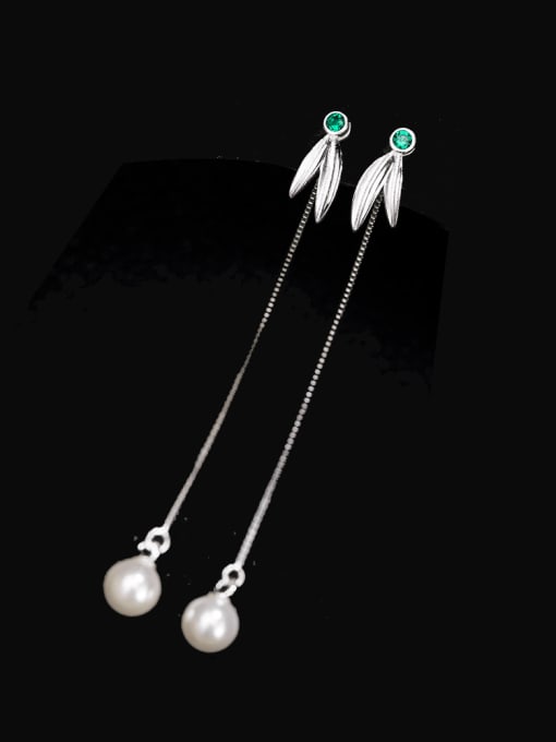 SILVER MI 925 Sterling Silver Imitation Pearl Tassel Minimalist Threader Earring 2
