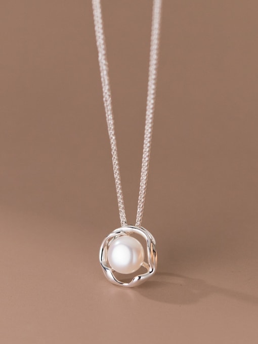 silver 925 Sterling Silver Imitation Pearl Geometric Minimalist Necklace