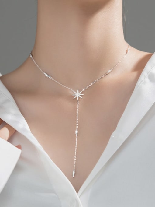 Rosh 925 Sterling Silver Snowflake Diamond Star Y-shaped Long Tassel Necklace 2