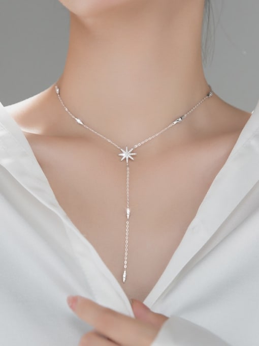 Rosh 925 Sterling Silver Snowflake Diamond Star Y-shaped Long Tassel Necklace 1