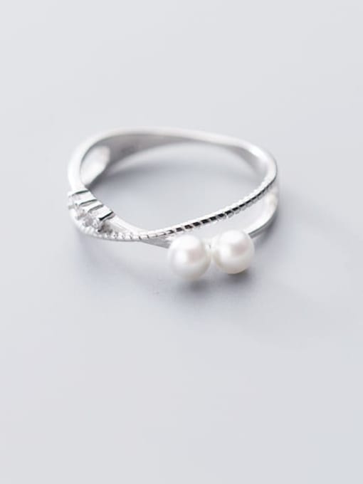 Rosh 925 sterling silver imitation pearl  cross minimalist free size ring 1
