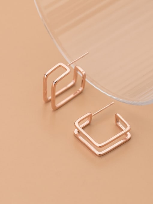 Rosh 925 Sterling Silver Simple lines geometric square double layer Stud Earring 0