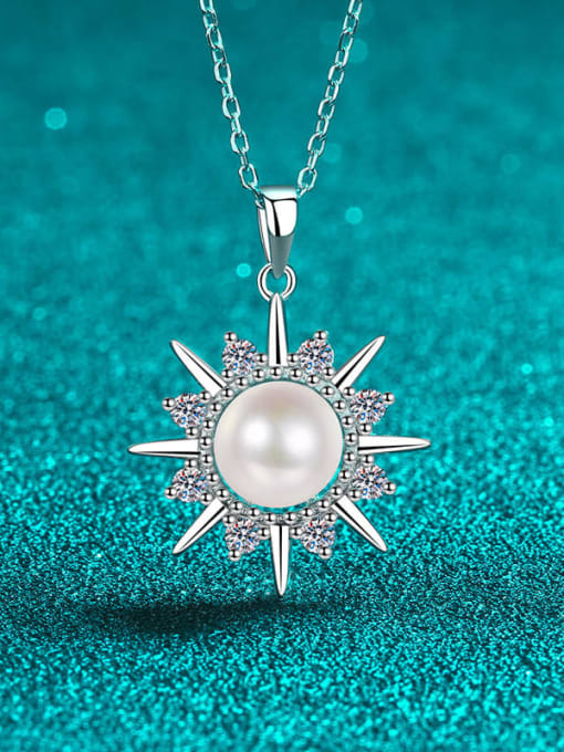0.32 Ct Moissaint 8mm Pearl 925 Sterling Silver Moissanite Flower Classic Necklace