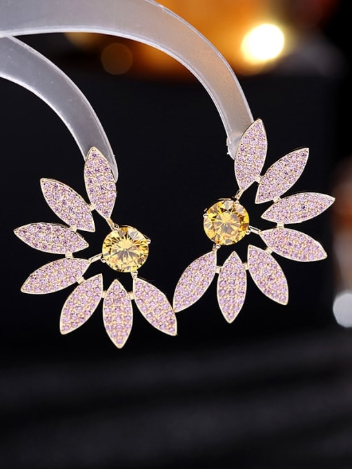 Gold+ pink Brass Cubic Zirconia Flower Luxury Stud Earring