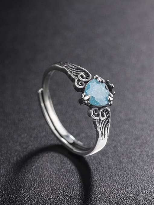 KDP787 Light Blue 925 Sterling Silver Opal Heart Vintage Band Ring