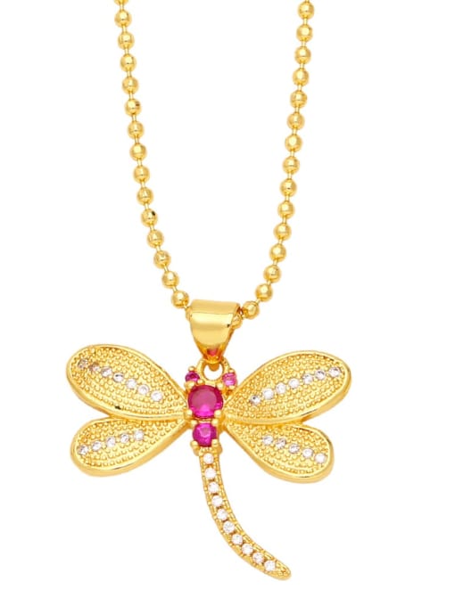 Rose red Brass Cubic Zirconia Dragonfly Vintage Bead Chain Necklace
