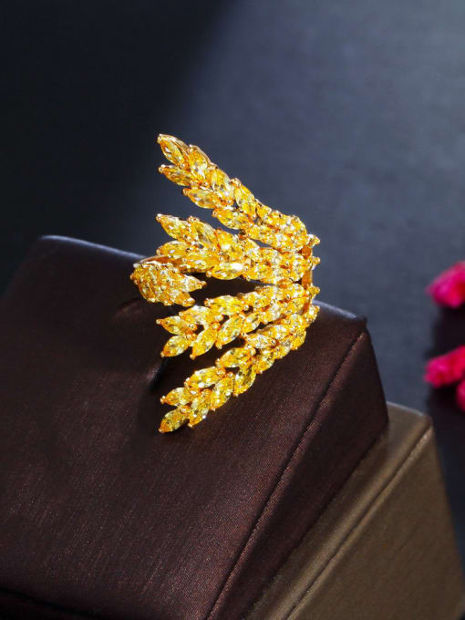 L.WIN Brass Cubic Zirconia Leaf Luxury Band Ring 3