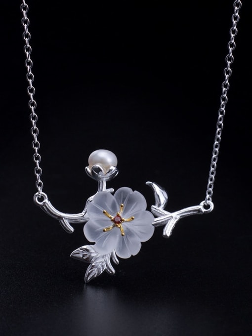Pearl Zircon Crystal Flower Necklace 925 Sterling Silver Crystal Flower Vintage Necklace