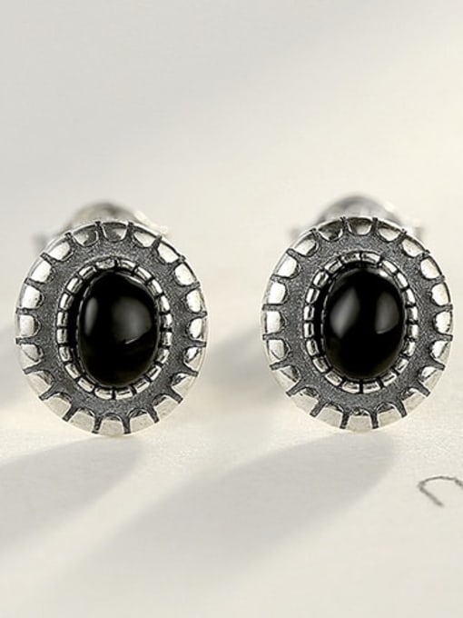 10G03 925 Sterling Silver retro oval Obsidian studing Earring