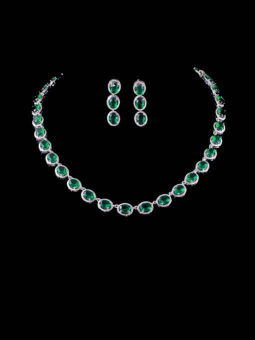 green Brass Cubic Zirconia Luxury Geometric  Earring and Necklace Set