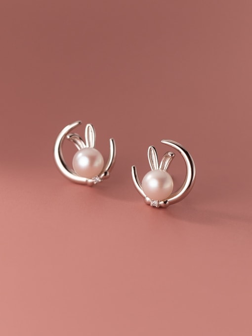 Silver 925 Sterling Silver Imitation Pearl Rabbit Minimalist Stud Earring