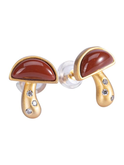 DEER 925 Sterling Silver Carnelian Mushroom Cute Stud Earring 2