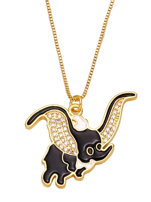 black Brass Cubic Zirconia Enamel Icon  Elephant Vintage Necklace