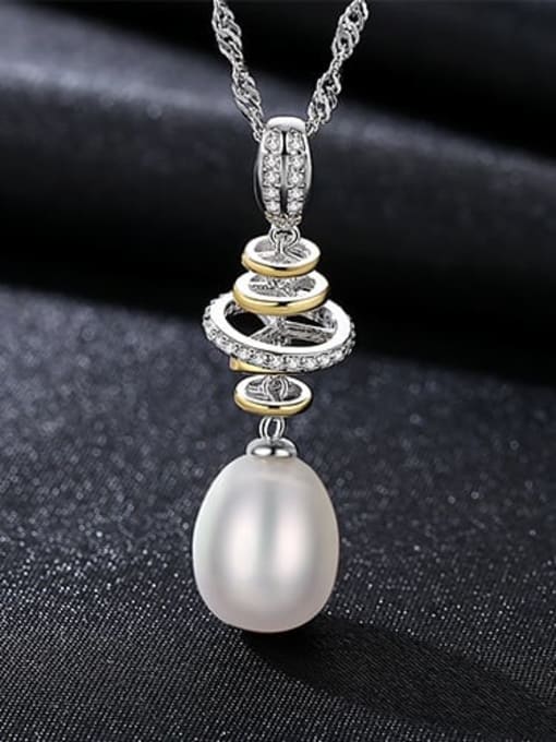 White 5A10 925 Sterling Silver Water Wave Chain Freshwater Pearl Pendant  Necklace