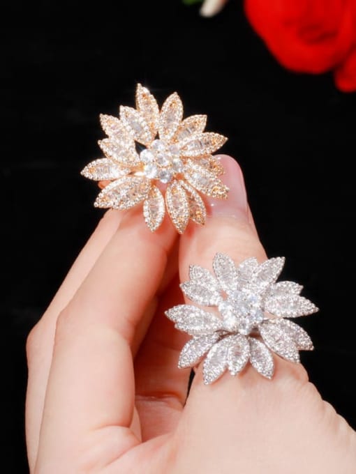 L.WIN Copper With Cubic Zirconia Fashion Flower Statement Free Size Rings 2