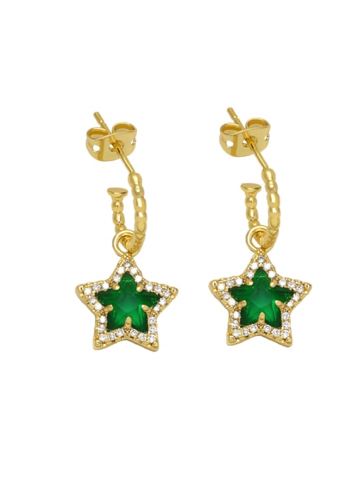 green Brass Glass Stone Five-Pointed Star Vintage Hook Earring