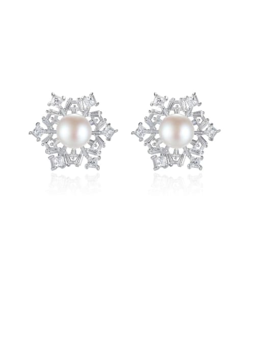 CCUI 925 Sterling Silver Freshwater Pearl White Flower Trend Stud Earring 0