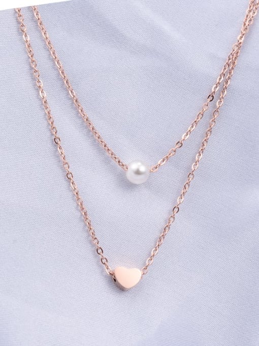 Rose Gold Titanium Imitation Pearl White Heart Minimalist Multi Strand Necklace