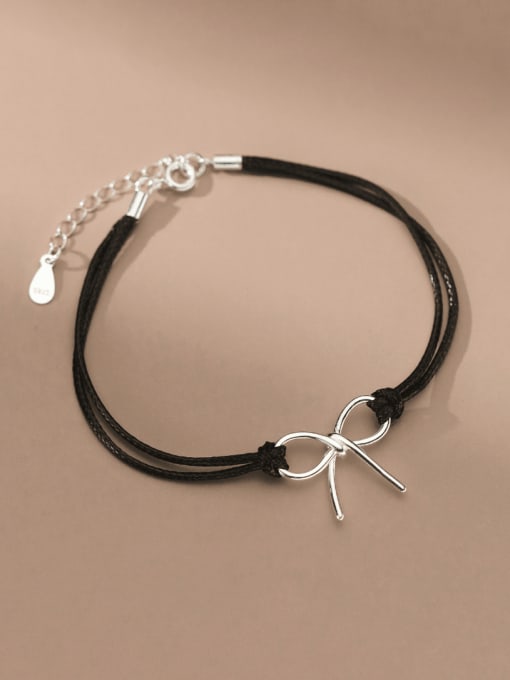 Silver Bracelet 925 Sterling Silver Leather Bowknot Minimalist Strand Bracelet
