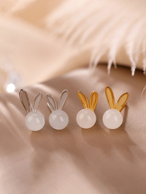 DEER 925 Sterling Silver Jade Rabbit Cute Stud Earring 0