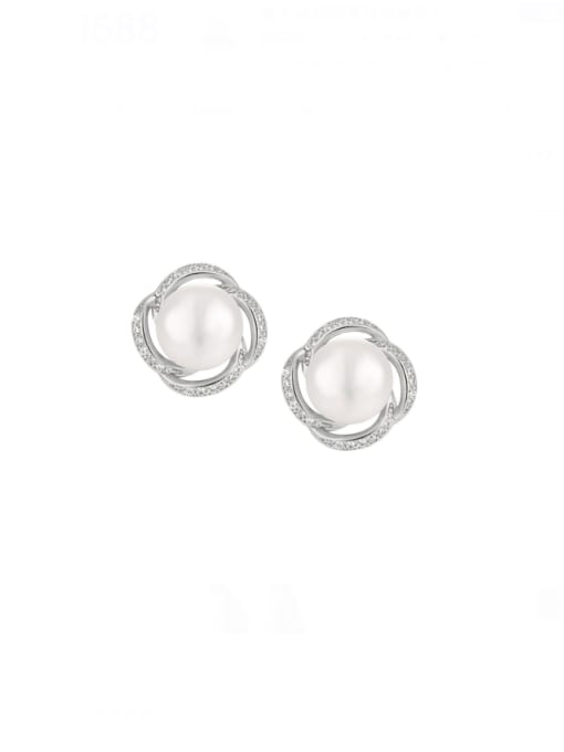 Platinum 925 Sterling Silver Imitation Pearl Flower Minimalist Stud Earring
