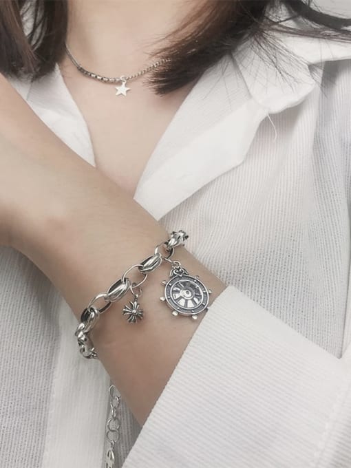 SHUI Vintage Sterling Silver With Simple Retro Hollow Chain Cross Bracelets 1