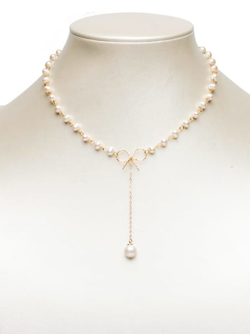 golden Brass Freshwater Pearl Bowknot Minimalist Lariat Necklace