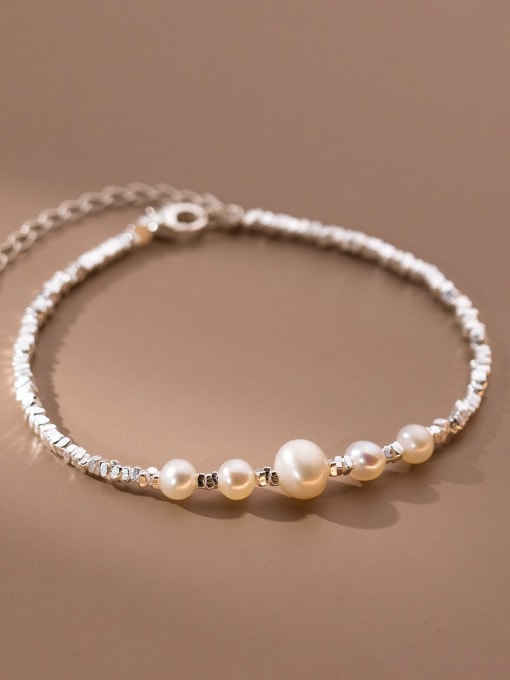 Rosh 925 Sterling Silver Imitation Pearl Geometric Minimalist Link Bracelet 2