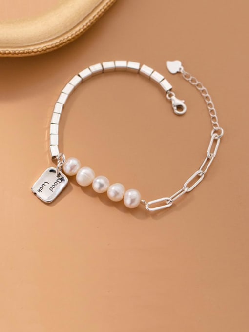 Rosh 925 Sterling Silver Imitation Pearl Square Minimalist Beaded Bracelet 0