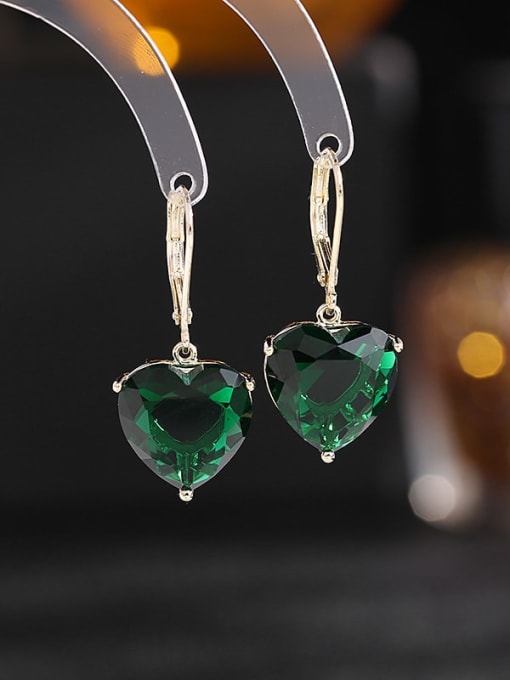 green Brass Cubic Zirconia Heart Luxury Hook Earring