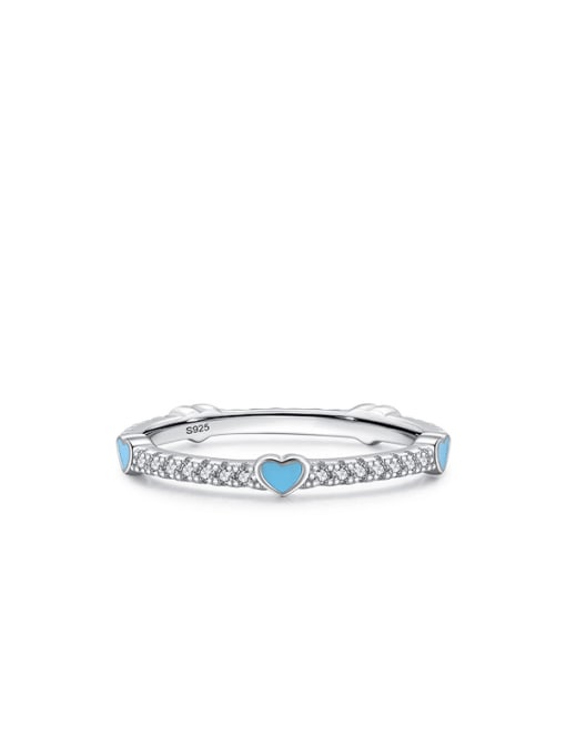blue 925 Sterling Silver Enamel Cubic Zirconia Heart Minimalist Band Ring