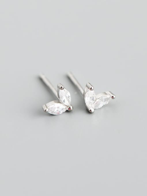 White stone (white gold) 925 Sterling Silver Cubic Zirconia Leaf Minimalist Stud Earring