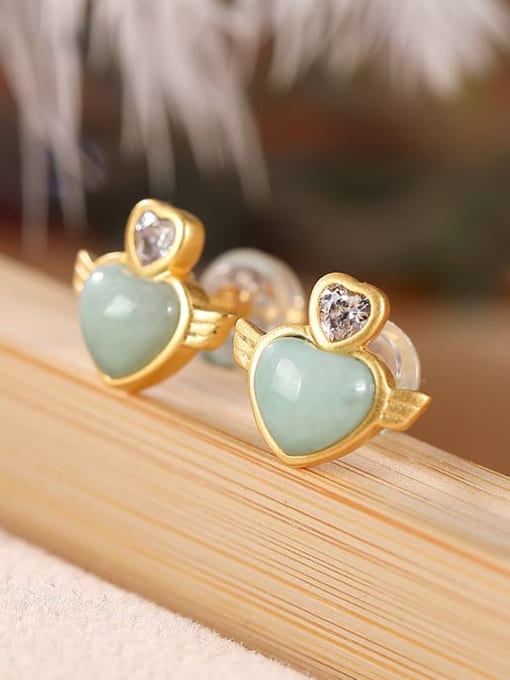 DEER 925 Sterling Silver Jade Heart Cute Stud Earring