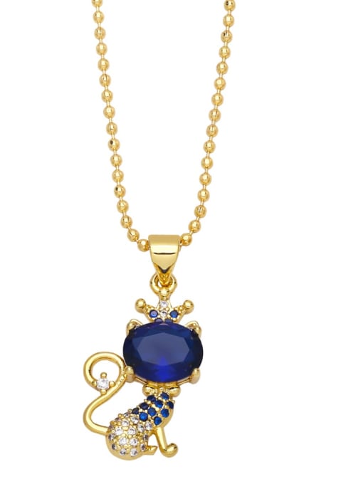Dark blue Brass Cubic Zirconia Crown Vintage Cat Pendant Necklace